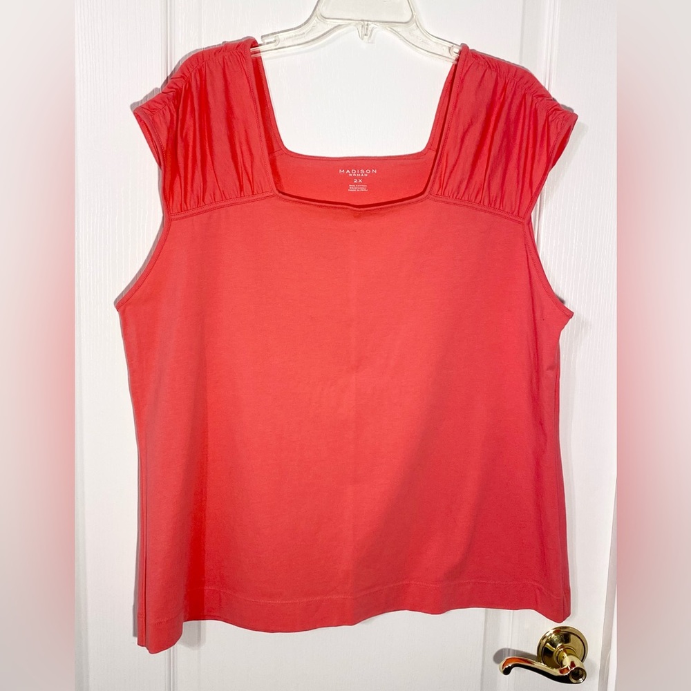 NEW Madison Peruvian Cotton Ruched Shoulder Sleeveless Knit Top Pink 2X